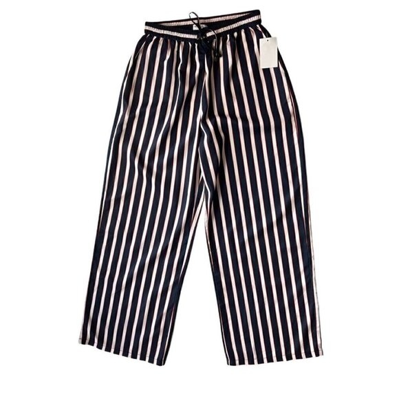 Madisonne Pants - Madisonne Womens Blue Striped Drawstring Wide leg Pants Size S